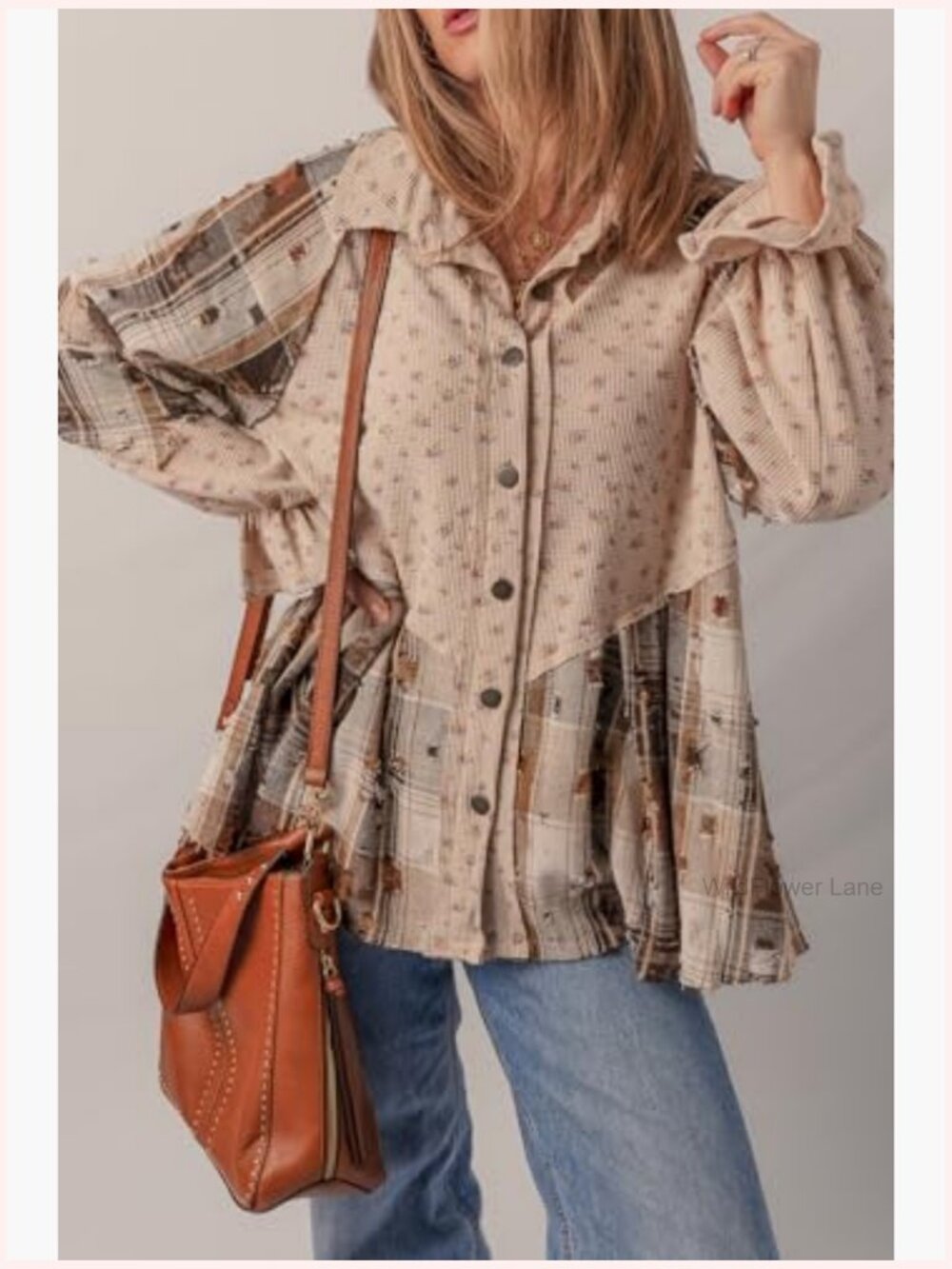 Waffle Knit Button Down Shirt for Women Ruffled Sleeve Boho Floral Plaid - Picture 5 of 5
